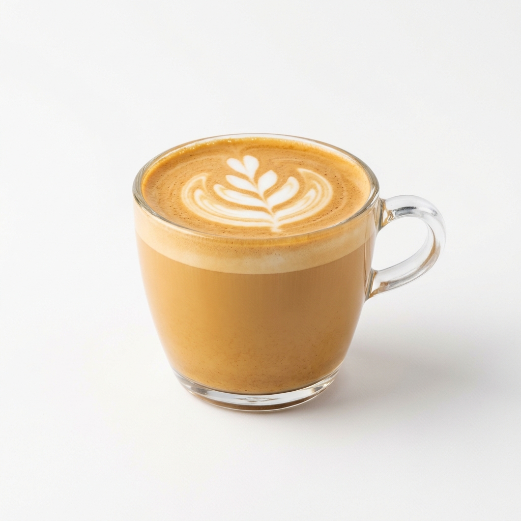 A glass of latte with delicate leaf-shaped foam
